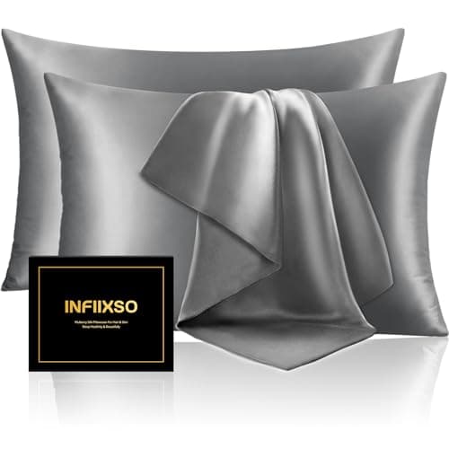 INFIIXSO Silk Pillow Cases 2 Pack Standard Size, Ultra Smooth & Soft Mulberry Silk Pillow Case for Hair and Skin, Breathable Cooling Silk Pillowcase with Hidden Zipper (Dark Grey, 20x26 Inches)