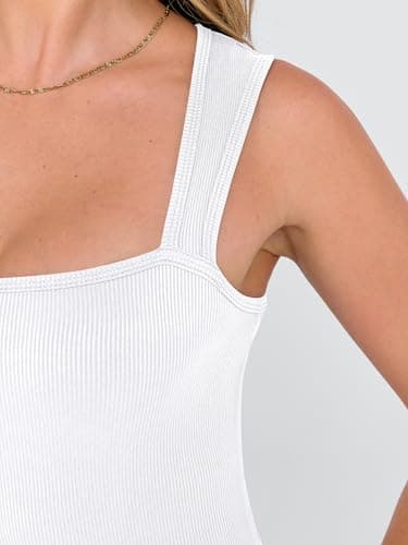 ANRABESS Bodysuits for Women Summer Ribbed Knit Sleeveless Square Neck Tank Tops Slim Fitted Going Out Vacation Outfits White Large - Thumbnail 5