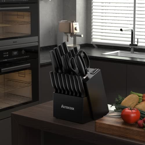 Knife Set, Astercook 21 Pieces Knife Sets for Kitchen with Block, Dishwasher Safe Kitchen Knife Set with Built-in Sharpener, German Stainless Steel Black Knife Block Set - Thumbnail 5