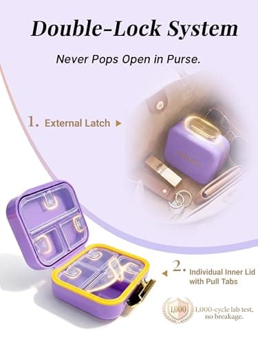 Small Pill Case Travel Pill Box with 7 Compartments for Purse - Compact Pill Organizer for Medicine Vitamin - Portable Container for Fish Oil & Supplements - Lavender - Thumbnail 3