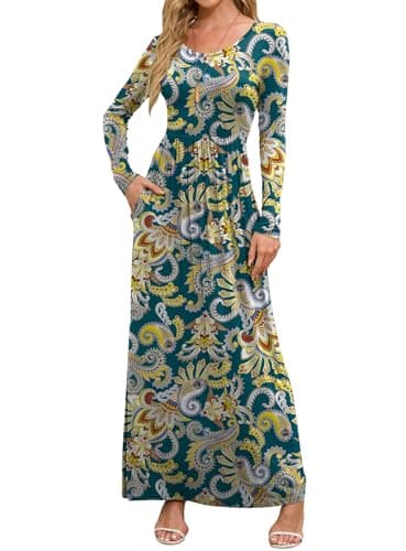 DEARCASE Maxi Dress for Women Feather Cyan XX-Large Round Neck Boho Long Sleeves Wedding Guest A-line Casual Hawaiian Empire Waist Flowy Party Vintage Spring Fall Winter Floor Dresses with Pocket - Image 1