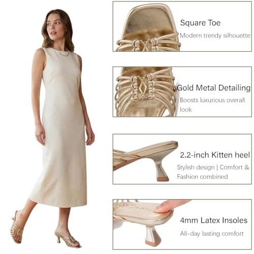 Wetviro Womens Gold Slip On Mules Sandals Low Kitten Heels Square Open Toe Dressy Comfortable Shoes for Women (2026) - Thumbnail 4