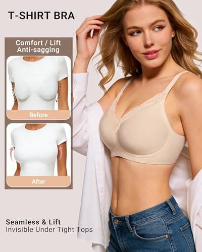 HORISUN Jelly Bras for Women No Underwire V Neck Push Up Wireless Bralettes Seamless Soft Comfort Everyday Tshirt Bra (Beige 34A) - Thumbnail 4