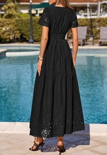 PRETTYGARDEN Womens Summer Maxi Dress Short Sleeve V Neck Cotton Hollow Out A Line Beach Vacation Long Dresses with Pockets (Black, Large) - Thumbnail 5