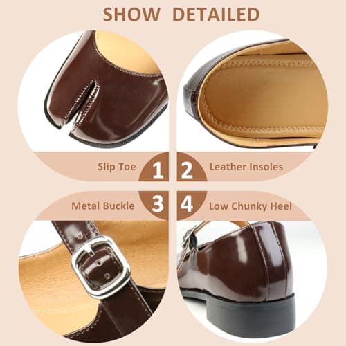 VOZTOLLS Mary Jane Flats Women Tabi Split Toe Low Block Heel Mary Jane Pumps Comfortable Casual Walking Dress Party Flats Shoes Dark Brown Size 9.5 - Thumbnail 6