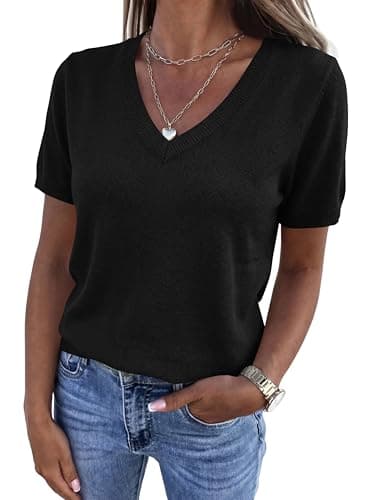 PRETTYGARDEN Womens Short Sleeve Sweaters V Neck Business Casual Tops Lightweight Sweater Shirts 2026 Summer Spring Outfits (Black,Large) - Image 1