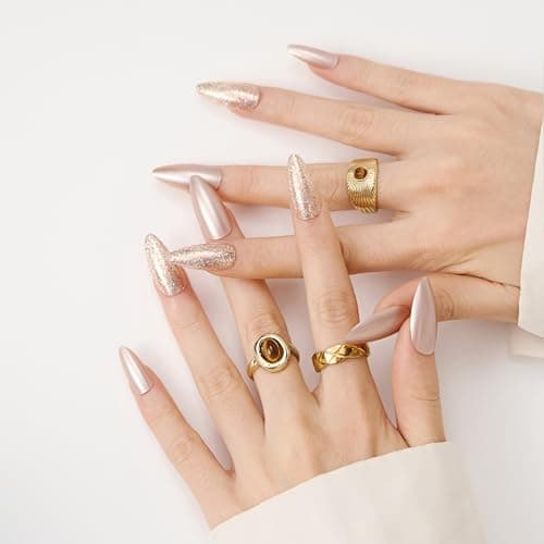 Fake Nails Press Ons Almond - Metallic Rose Gold Chrome Fake Nails, Handmade Reusable for Party Look, 30 Nails in 15 Sizes with Glue, Adhesive Tabs, File, Prep Pad, Manicure Stick - Thumbnail 3