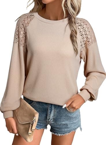 EVALESS Womens Long Sleeve Tops Dressy Casual Crewneck Waffle Knit Lace Patchwork Basic T Shirts for Women Trendy Ladies Cute Tops Loose Fit Blouses Spring Fall Fashion Clothes 2025 Khaki Meidum - Image 1