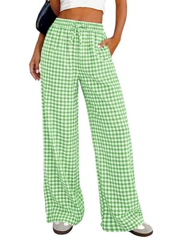 PRETTYGARDEN Gingham Pajama Pants Women Lightweight Summer Cotton PJ Bottoms Spring Wide Leg Palazzo Plaid Lounge Trousers (Light Green Plaid,X-Large) - Image 1