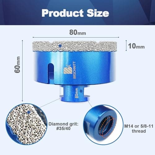 80mm Diamond Core Drill Bit for Porcelain Tile Ceramic Marble Granite Drilling,BRSCHNITT 1pc Vacuum Brazed Diamond Hole Saw with 5/8-11 Thread (80mm) - Thumbnail 2