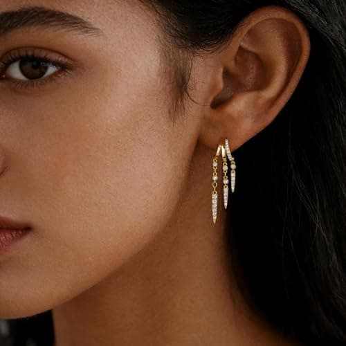 Gold Dangle Earrings for Women, 14k Gold Plated Statement Triple Hoop Illusion Drop Earrings Cubic Zirconia Huggie Earrings for Women Trendy - Thumbnail 3