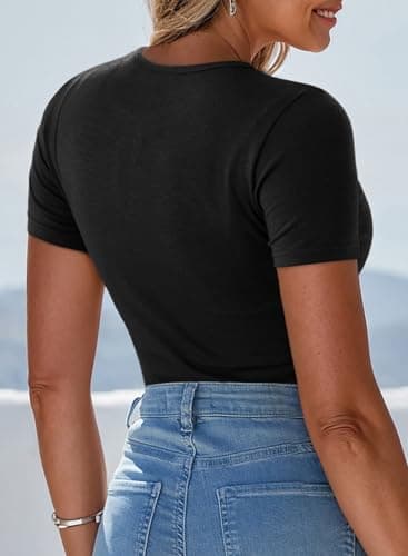 Dokotoo Short Sleeve Tops for Women Crewneck Business Casual Twist Slim Fit Stretch Going Out T Shirts Fashion Outfits Clothes 2026 Summer Crewneck Lightweight Women's Clothing Blouses Black - Thumbnail 4