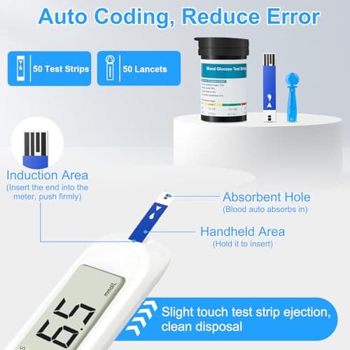 Blood Sugar Monitor,Glucose Monitor Kit with 50 Test Strips & 50 Lancets for Diabetes Testing, Blood Glucose Meter with Auto Eject, No Coding & Large LCD for Seniors - Thumbnail 4