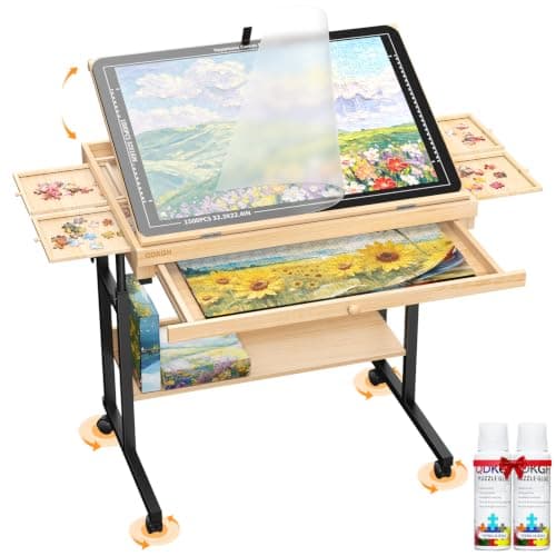 QDKGH 1500-Piece Wooden Puzzle Table with Moving Caster for Family Puzzling, Height Adjustable Puzzle Board with Drawers & Felt Cover for Adults & Kids, Gift for Mom, Parent, and Puzzle Enthusiasts