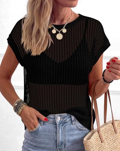 KIRUNDO Crochet Tops for Women 2026 Summer Beach Vacation Clothes Cover Up Mesh Top Lightweight Sweater Cruise Resort Wear(Black, Small) - Thumbnail 5