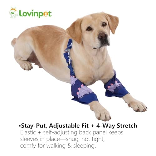 LovinPet Front Leg Sleeves for Medium and Large Dogs, 4-Way Stretch Elbow Protection, Anti-Lick Recovery, Warmth and Callus Prevention, Pair, Dinosaur Print, Pink Purple,XL - Thumbnail 5