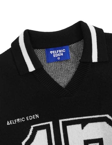 Aelfric Eden Graphic Polo Sweater Women Oversized V Neck Knit Sweaters Y2k Long Sleeve Pullover Vintage Number Sweater Tops Black - Thumbnail 3