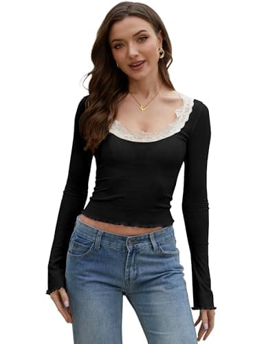Homepeaz Long Sleeve Shirts for Women Y2K Bell Sleeve Lace Trim Micro Ribbed Square Neck Cropped Going Out Tops Black - Image 1