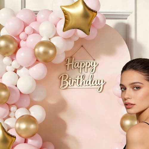 Pink White Gold Balloon Arch Garland Kit 143Pcs Pink White Metallic Gold Latex Balloons with Star Foil Balloons for Wedding Bridal Shower Birthday Party Decorations - Thumbnail 4