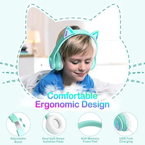 LOBKIN Bluetooth 5.4 Kids Headphones with Case - RGB LED Light Up Cat Ears Foldable Adjustable Over Ear Headphone Support Wireless or 3.5mm Wired Mode for Toddler & Girls & Boys Teens - Thumbnail 2