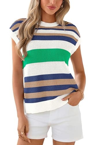 dowerme Womens Spring Tank Tops 2026 Cute Cap Sleeve Crewneck Color Block Crochet Sweater Vest Striped Summer Outfits(Striped Green White,Medium) - Image 1