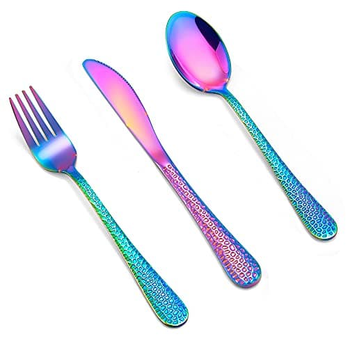 LIANYU 12-Piece Rainbow Kids Silverware Set, Stainless Steel Toddler Utensils, Hammered Preschooler Metal Flatware Cutlery Set, Children Tableware Includes Knives Forks Spoons, Dishwasher Safe