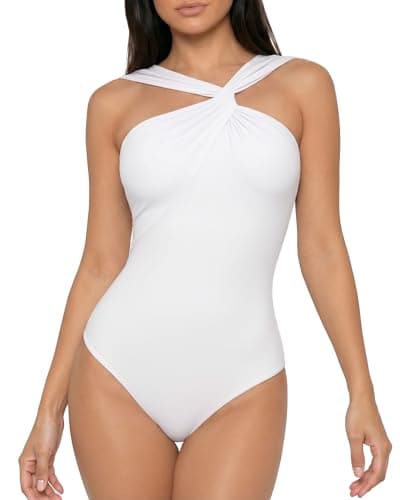 MANGOPOP Women's Sleeveless Twist Knot Asymmetrical Bodysuit Double Lined Sexy Thong Body Suit Top 2026, White, X-Small