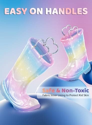 Funspread Girls Toddler Rain Boots - Glitter Light Up Kids Rain Boots with Easy-On Handles, Lightweight Waterproof Rain Shoes Glitter Sparkle Rainbow Size 5 - Thumbnail 4