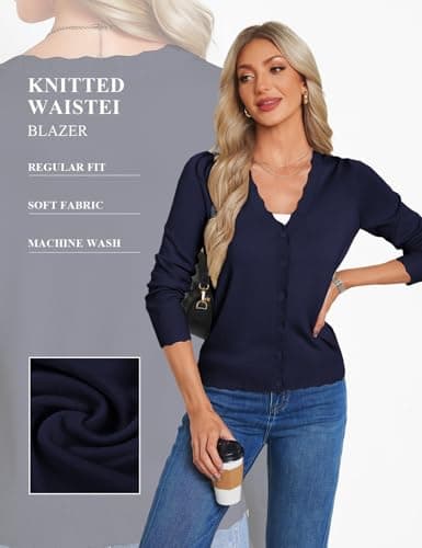 GRACE KARIN Women's Lightweight V Neck Knit Cardigan Sweater, Button Up Dressy Casual Shrugs, Wool Open Front Blazer Navy Blue L - Thumbnail 4