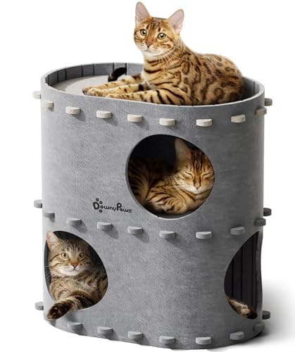 DownyPaws Cat House for Indoor Cats, 2-Storey Foldable Cat Bed Cave, Felt Cats Tunnel Bed Condo, Castle Kitten Cube Hideaway for Multicats, Scratch Resistant, Light Gray