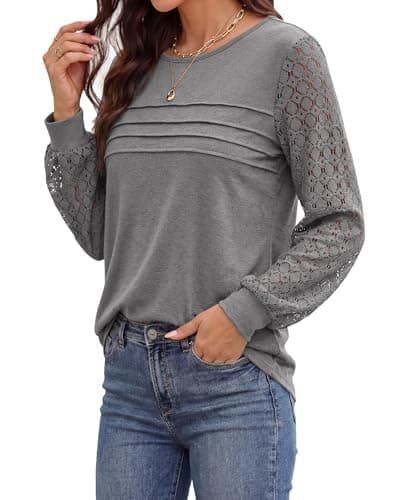 BTFBM Women's Long Sleeve Shirts Dressy Lace Fall Tops 2026 Trendy Business Casual T-Shirts Cute Work Outfits Blouses(Grey, Large) - Thumbnail 3