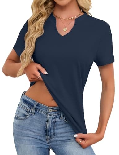 Women's V Neck Cotton T-Shirts Breathable Short Sleeve Tops Lightweight Stretch Summer Tees (Navy Blue,Small) - Thumbnail 4