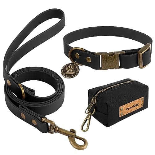 Wisedog Waterproof Dog Collar and Leash Set, Adjustable Puppy Collar with Cute Tag 5FT Dog Leash with Poop Bag for Small Medium Large Dogs (M, Black) - Image 1