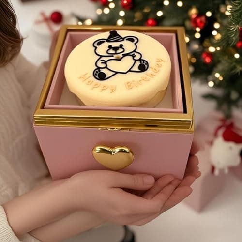 Weijimir Little Bear Cake Rotating Pink Ring Box for Proposal, Engagement Ring Box Wedding Day Birthday, Surprise Ring Bearer Proposal Box Necklace Bracelet Ring Rotating Jewelry Box for Women - Image 1