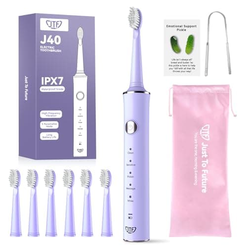 JTF Sonic Electric Toothbrush for Adults: 6 Brush Heads, Travel Bag, Tongue Scraper, 5 Brushing Modes for Teeth, Smart Timer and IPX7 Waterproof, Rechargeable Toothbrush for Deep Cleaning & Whitening