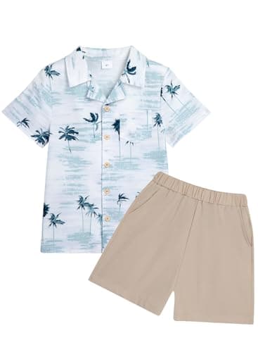 Dolxico Toddler Baby Boy Outfits Summer Clothes Kids Coconut Trees Pattern Short Sleeve Button Down Shirt & Elastic Waist Casual Beach Shorts Set with Pockets 3-4T Coconut Tree - Image 1