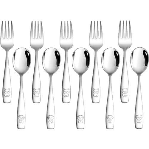 LIANYU 10 Pieces Toddler Silverware Set, Stainless Steel Kids Silverware Set, Metal Baby Utensils with Small Toddler Forks and Spoons, Children Safe Flatware with Cute Pattern, Dishwasher Safe - Image 1