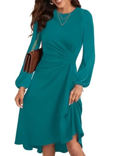 Happy Sailed Midi Dresses for Women 2025 Long Sleeve Crewneck High Waist Pleated Ruched Waist Wedding Guest Cocktail Party Dress Lake Green Small - Image 1