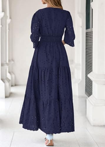 Lazysmile Long Sleeve Dresses for Women V Neck Hollow Out Eyelet Ruffle Swing A-Line Fall Vacation Boho Maxi Dress Navy - Thumbnail 2