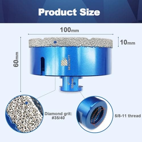 4 Inch Diamond Core Drill Bit for Porcelain Tile Ceramic Marble Granite Drilling,BRSCHNITT 1pc Vacuum Brazed Diamond Hole Saw with 5/8-11 Thread (100mm)&Adapter - Thumbnail 2