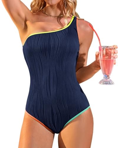 Charmo Textured Slimming 1 Shoulder Bathing Suit for Women One Piece Full Coverage Swimwear Modest Swimsuit 2026 Navy S