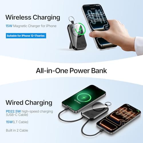 RXRBDA for Magsafe Portable Charger, 10000mAh Wireless Power Bank with Built-in 2 Cables, USB C PD 22.5W Fast Charging Powerbank, Keychain Battery Pack with LED Display for iPhone, AirPods & iWatch - Thumbnail 3