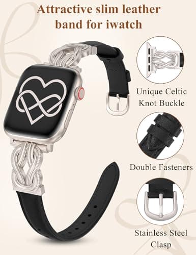 Wearlizer Slim Leather Band Compatible with Apple Watch Bands for Women 40/38/41/42mm Dressy Fancy Designer Celtic Knot Thin Leather Bracelet for iWatch Series 11 10 9 8 SE 7 6 5 SE 4 3 2 1 - Thumbnail 3