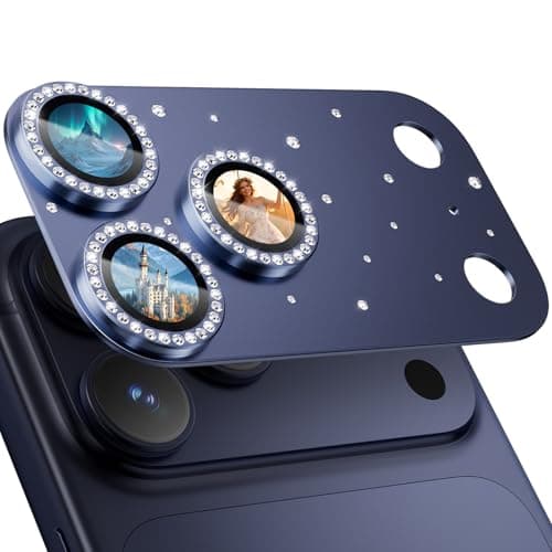 HelloDeere for iPhone 17 Pro Camera Lens Protector [Not Easy to Break] [Ultra Bright] Round Gold Diamond Bling Tempered Glass Metal Frame Camera Cover for iPhone 17 Pro Lens Case Friendly (Blue,1 Pack)