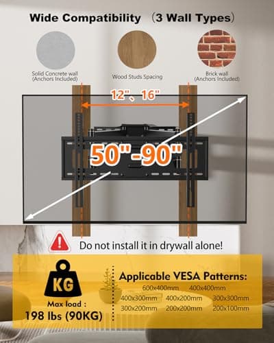 FORGING MOUNT Full Motion TV Wall Mount for 50-90 inch TVs, Heavy Duty Articulating Arm Holds 198 lbs with 43 Inch Long Extension, Fits Flat/Curved Screens, Max VESA 600x400mm - Thumbnail 2