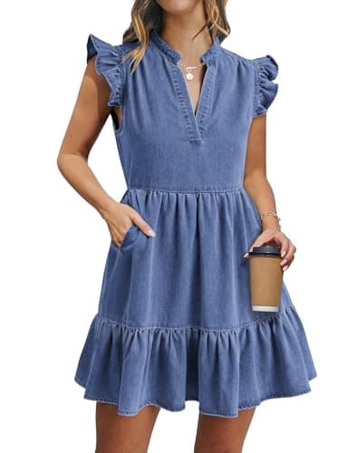 POTILI Denim Dress for Women Ruffle Short Sleeve V Neck Jean Mini Dress with Pockets Blue - Image 1
