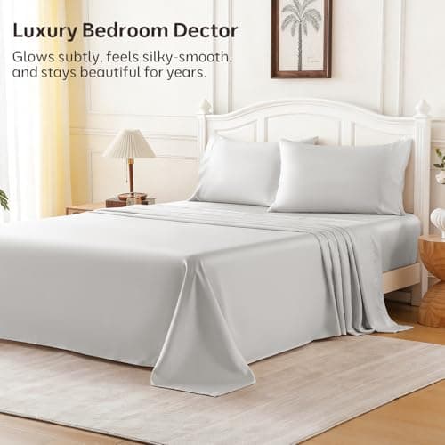 ChicView King Luxury Satin Sheet Set,4 Pieces Ultra Cooling Silky Feel Breathable Bedsheets, 16 Inch Deep Pockets Bed Sheets,Good for Hair & Skin, Light Gray - Thumbnail 2