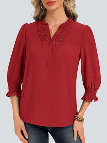 Funlingo Women Blouses Dressy Casual V Neck 3/4 Length Sleeve Womens Tops Boho Lace Crochet T Shirts Beach Vacation Spring Clothes 2026 Red L - Thumbnail 2