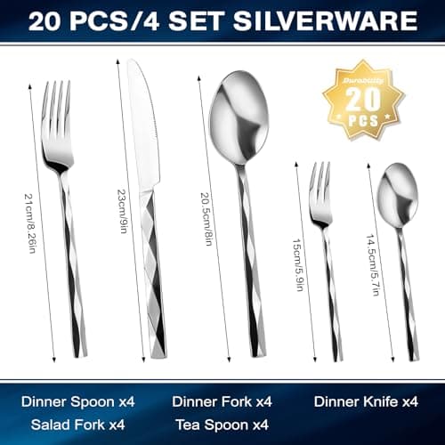 20-Piece Silverware Set, Premium Flatware Set for 4, 18/10 Stainless Steel Cutlery with Diamond Cut Pattern for Dinner, Kitchen, Home, Wedding, Party, Dishwasher Safe - Thumbnail 2