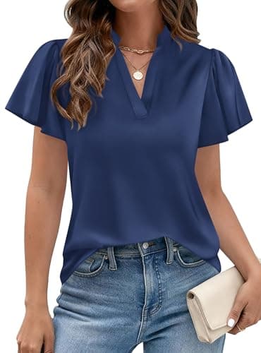 PRETTYGARDEN Women's 2026 Summer Satin Blouses Dressy Casual Ruffle Cap Sleeve V Neck Business Work Cute Tops Spring Outfits (Navy Blue,Small) - Thumbnail 5